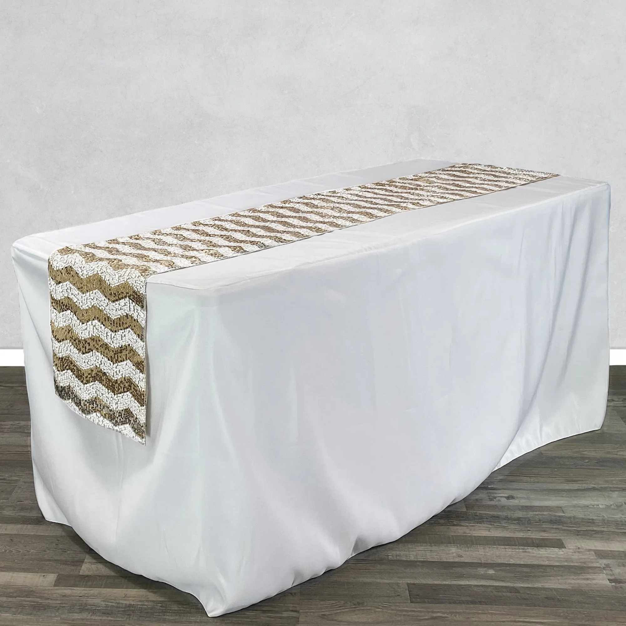 14 x 108 inch Chevron Sequin Table Runner White and Champagne