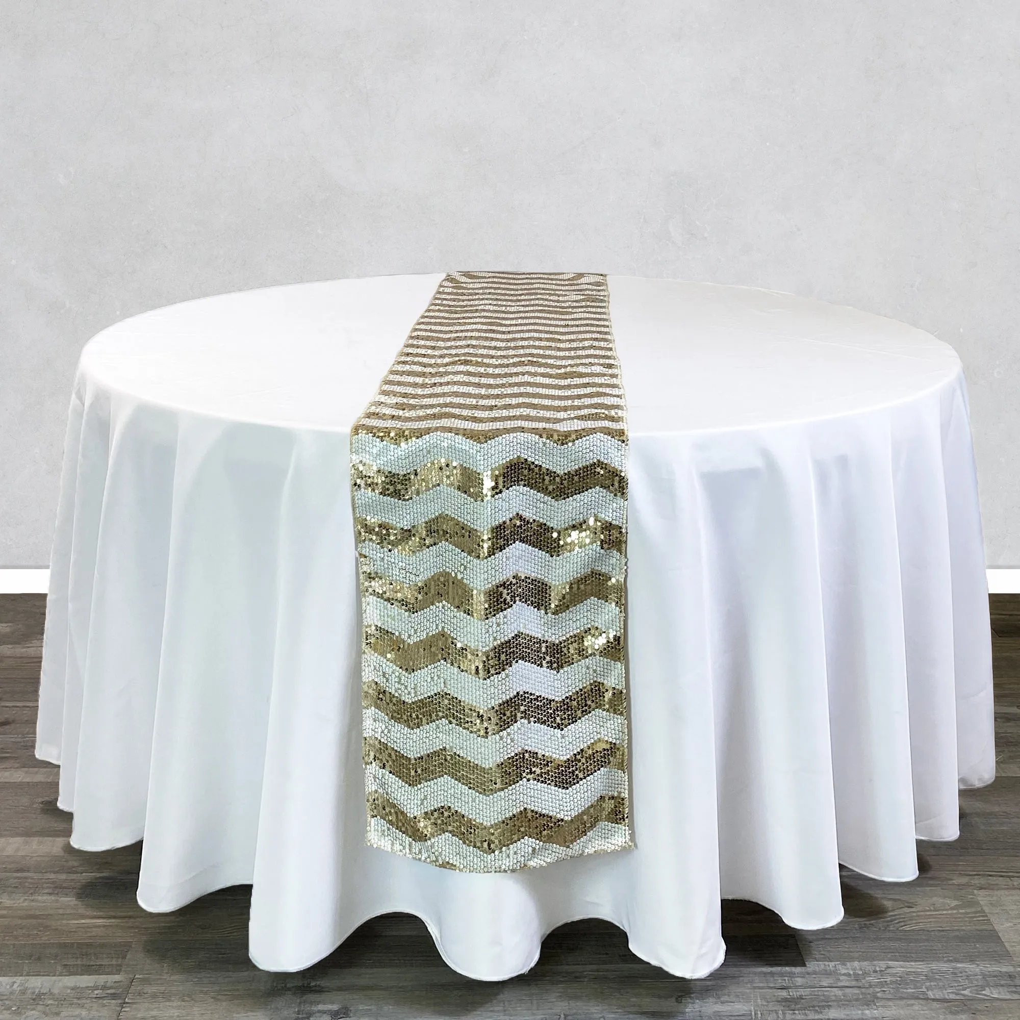 14 x 108 inch Chevron Sequin Table Runner White and Champagne