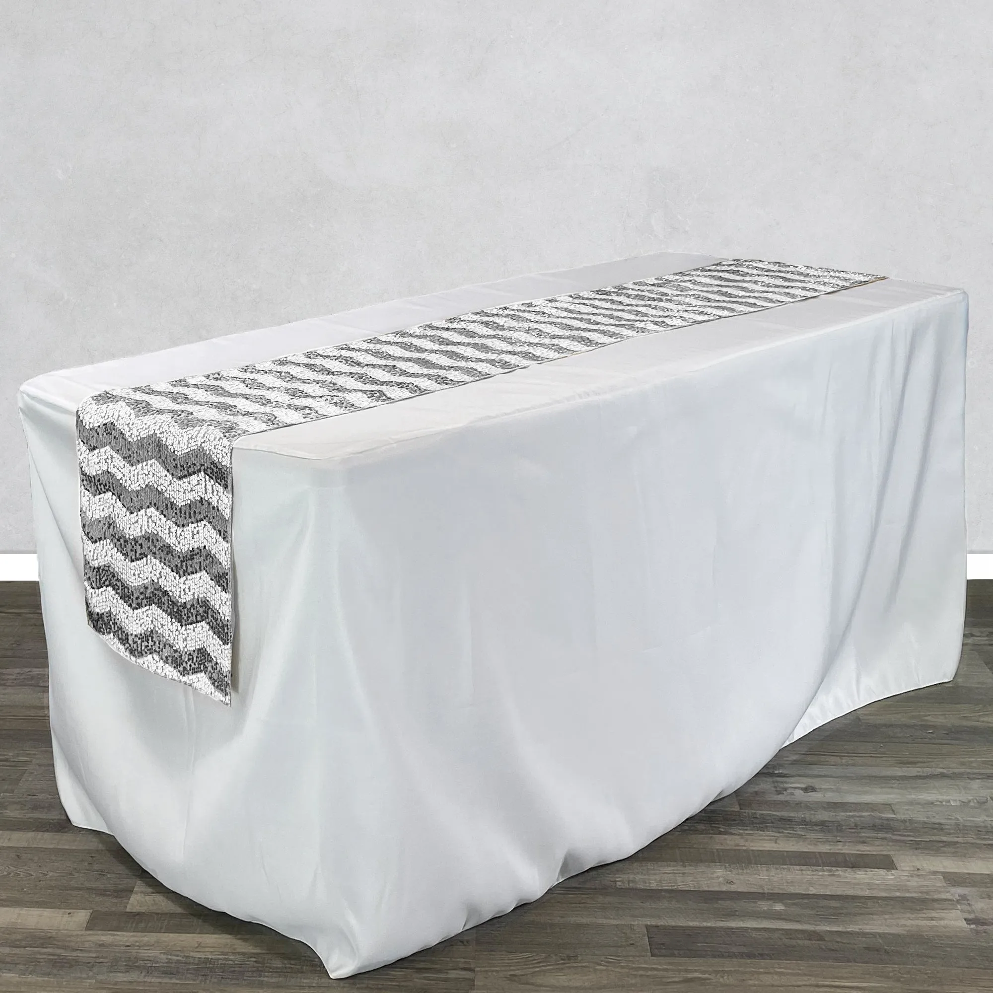 14 x 108 inch Chevron Sequin Table Runner White and Silver