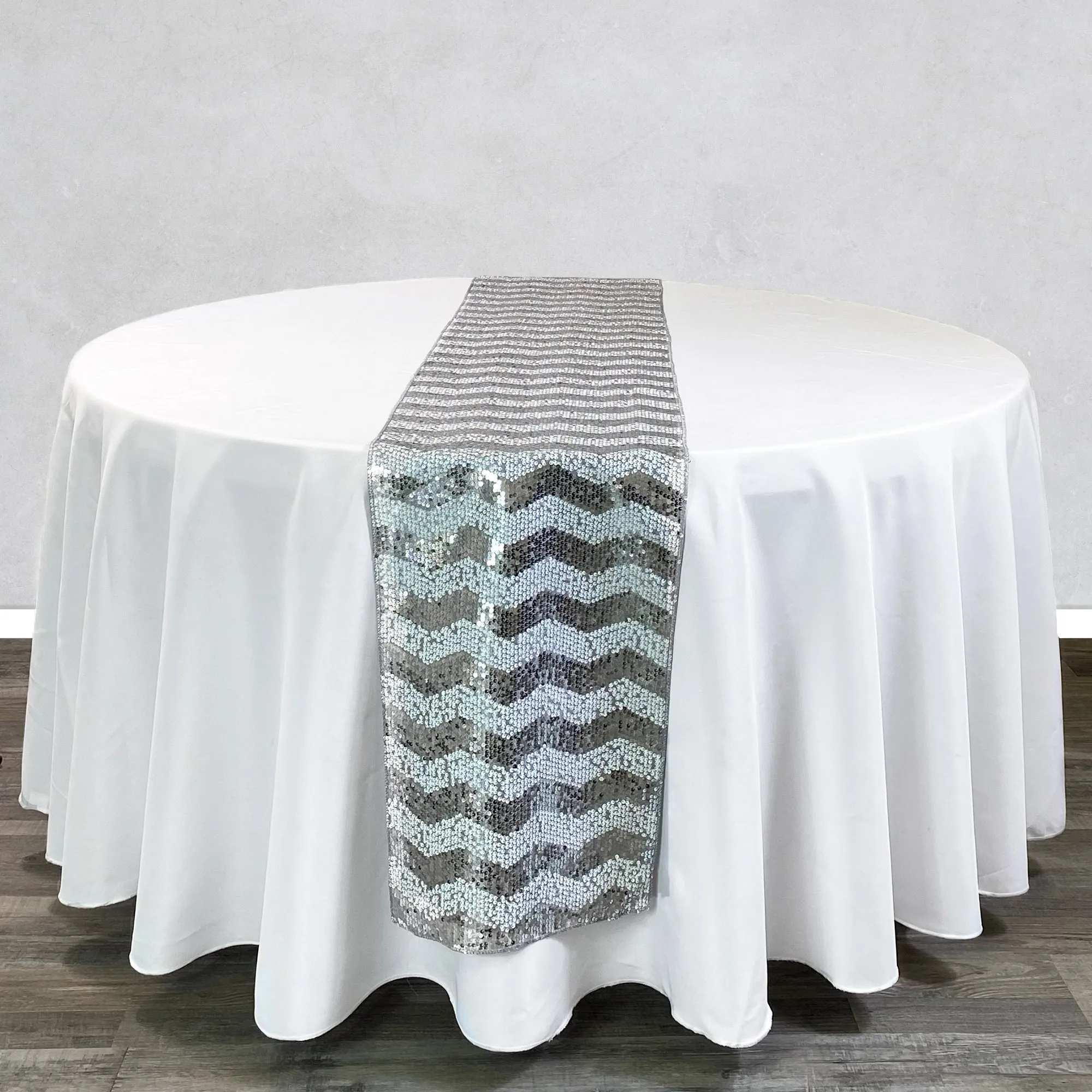 14 x 108 inch Chevron Sequin Table Runner White and Silver