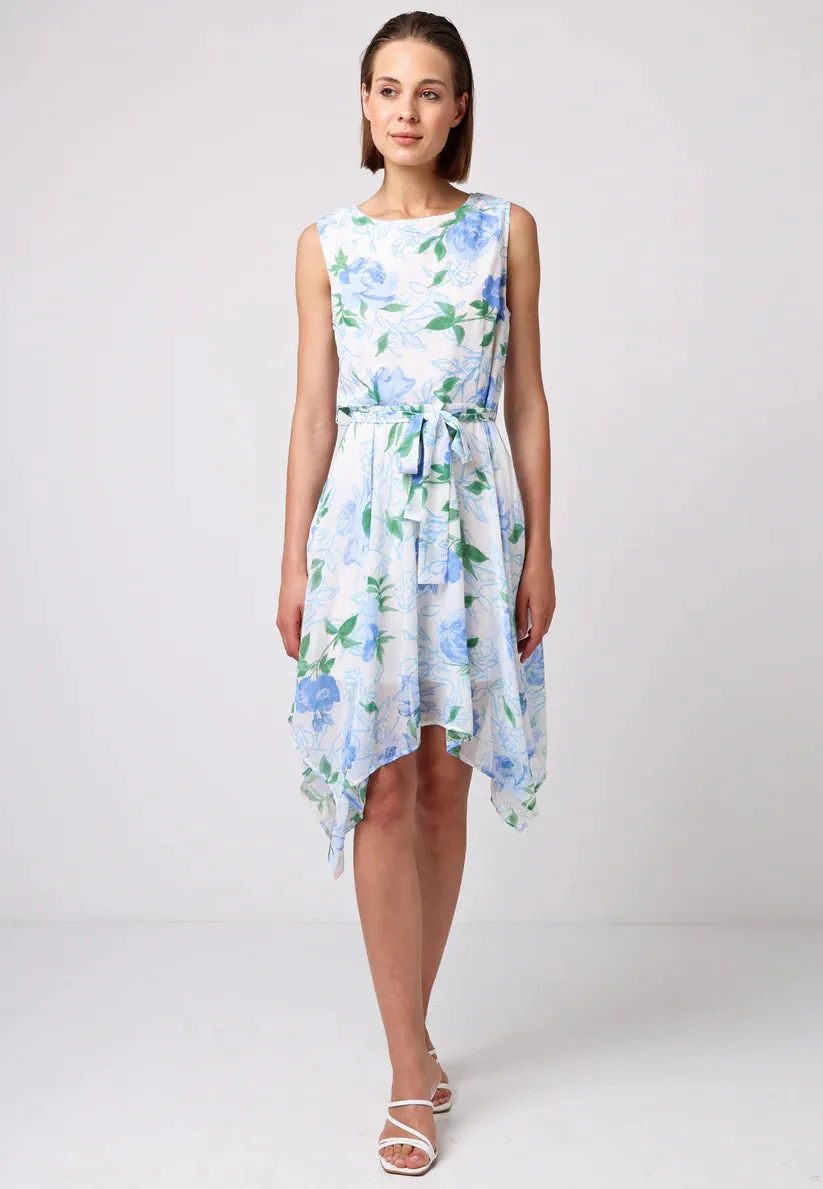 Asymmetrical Hem Tie Belt Mini Dress in White Blue Floral