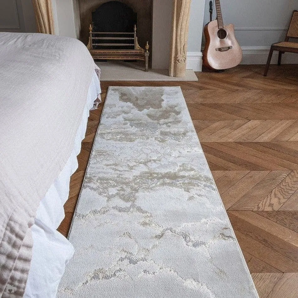 Aurora AU17 Linea Modern Abstract Distressed Marbled Metallic Shimmer Textured High-Density Soft Smooth Low Profile Short-Pile Beige/Bronze/Brown/Champagne Runner