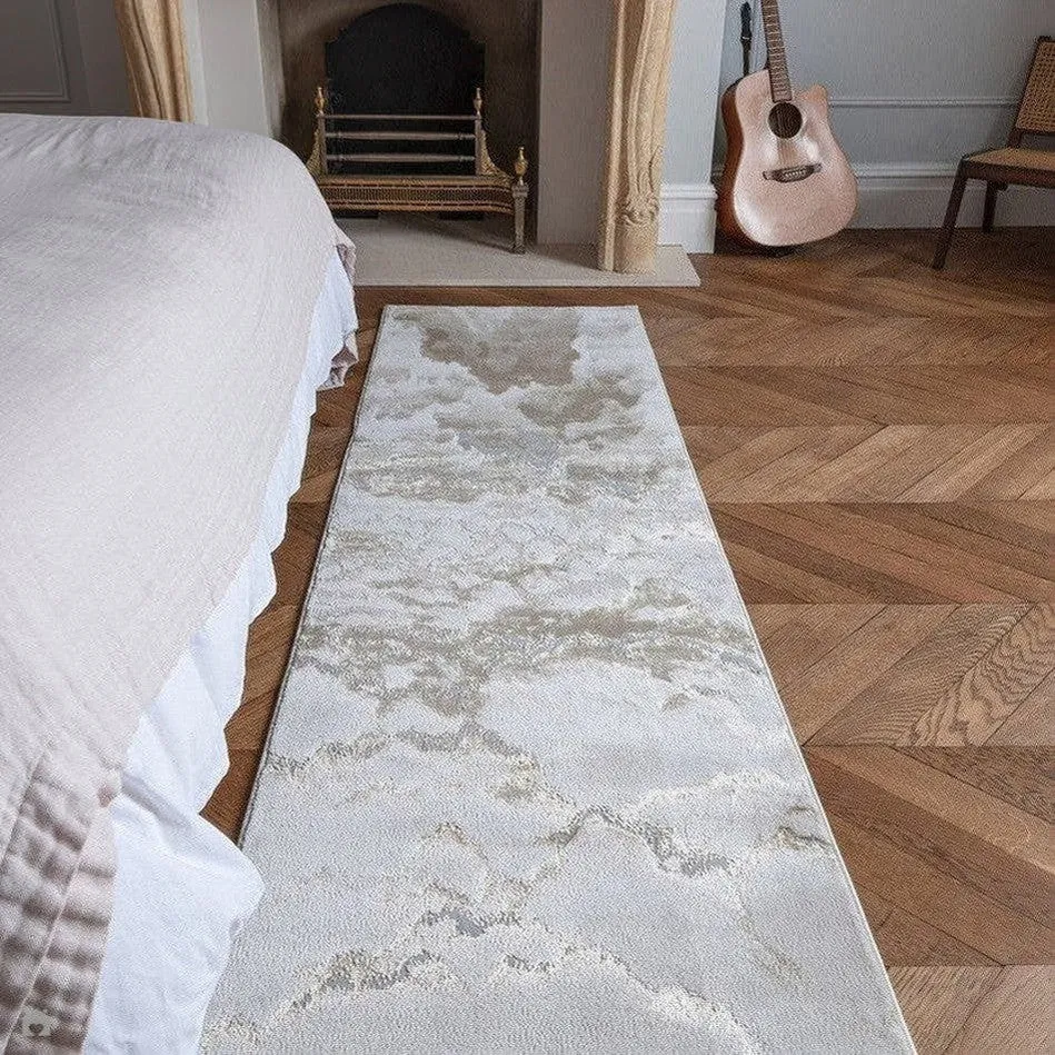Aurora AU17 Linea Modern Abstract Distressed Marbled Metallic Shimmer Textured High-Density Soft Smooth Low Profile Short-Pile Beige/Bronze/Brown/Champagne Runner