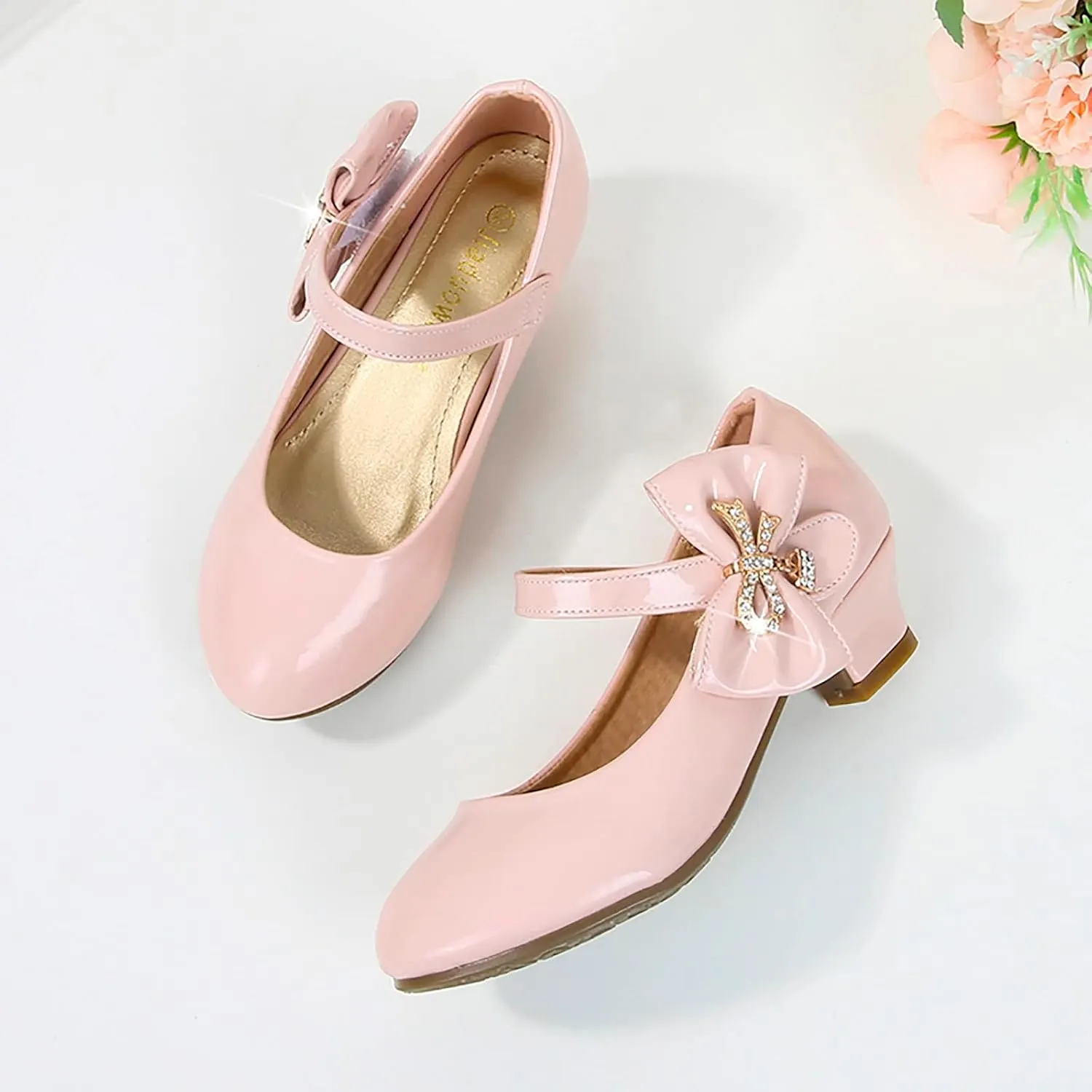 Baby Girls Patent Leather Dress Shoes Low Heels Toddler Mary Jane Shoes Flower Kid Shoes for School Party Wedding