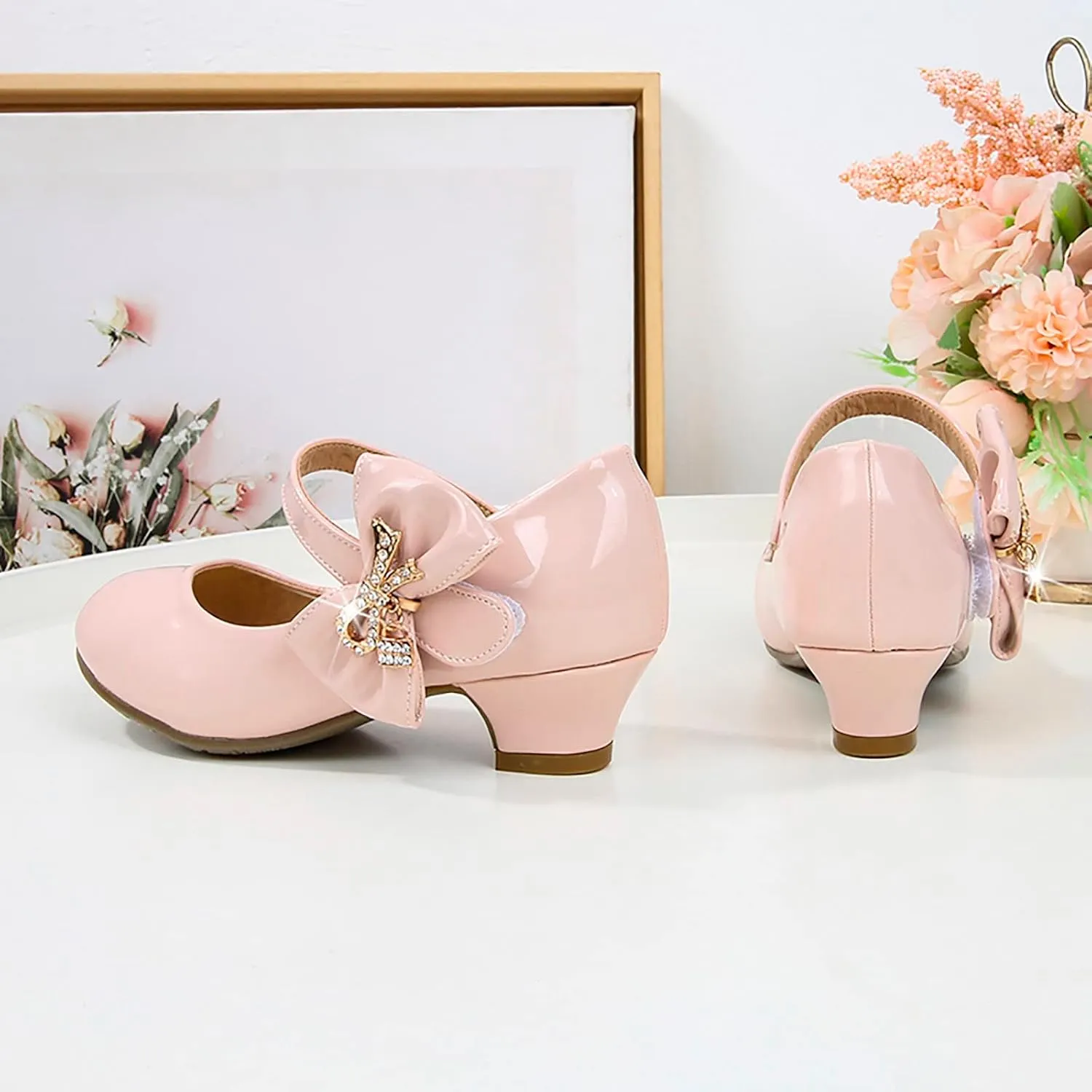 Baby Girls Patent Leather Dress Shoes Low Heels Toddler Mary Jane Shoes Flower Kid Shoes for School Party Wedding