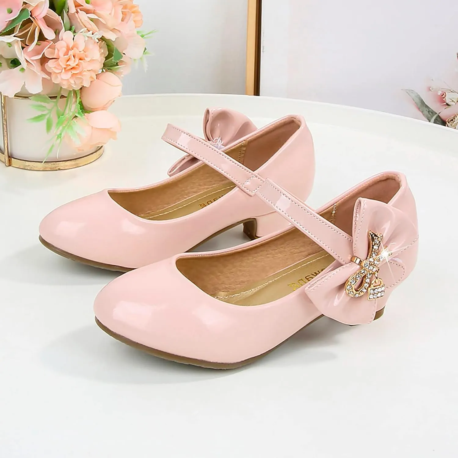 Baby Girls Patent Leather Dress Shoes Low Heels Toddler Mary Jane Shoes Flower Kid Shoes for School Party Wedding