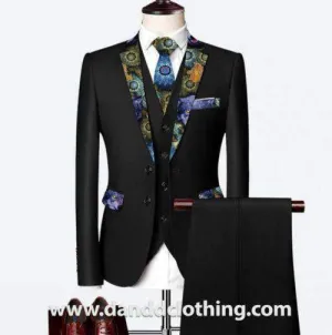 Black 3 Piece 100% Wool Suits For Men Wolf