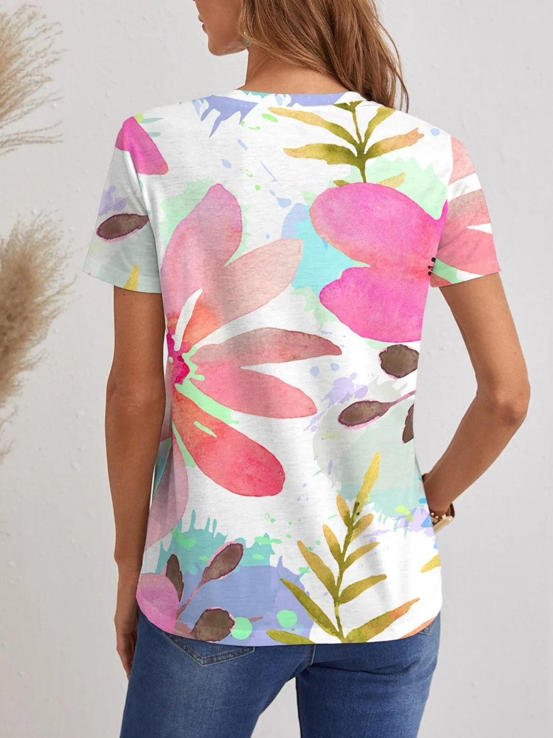 Blossoming V Neck Short Sleeve Floral T Shirt