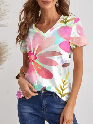 Blossoming V Neck Short Sleeve Floral T Shirt