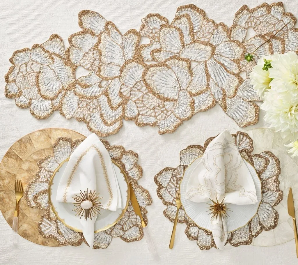 Botanica Table Runner in White, Gold, & Silver