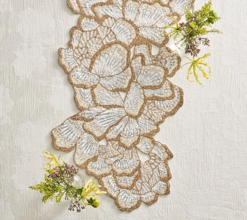 Botanica Table Runner in White, Gold, & Silver