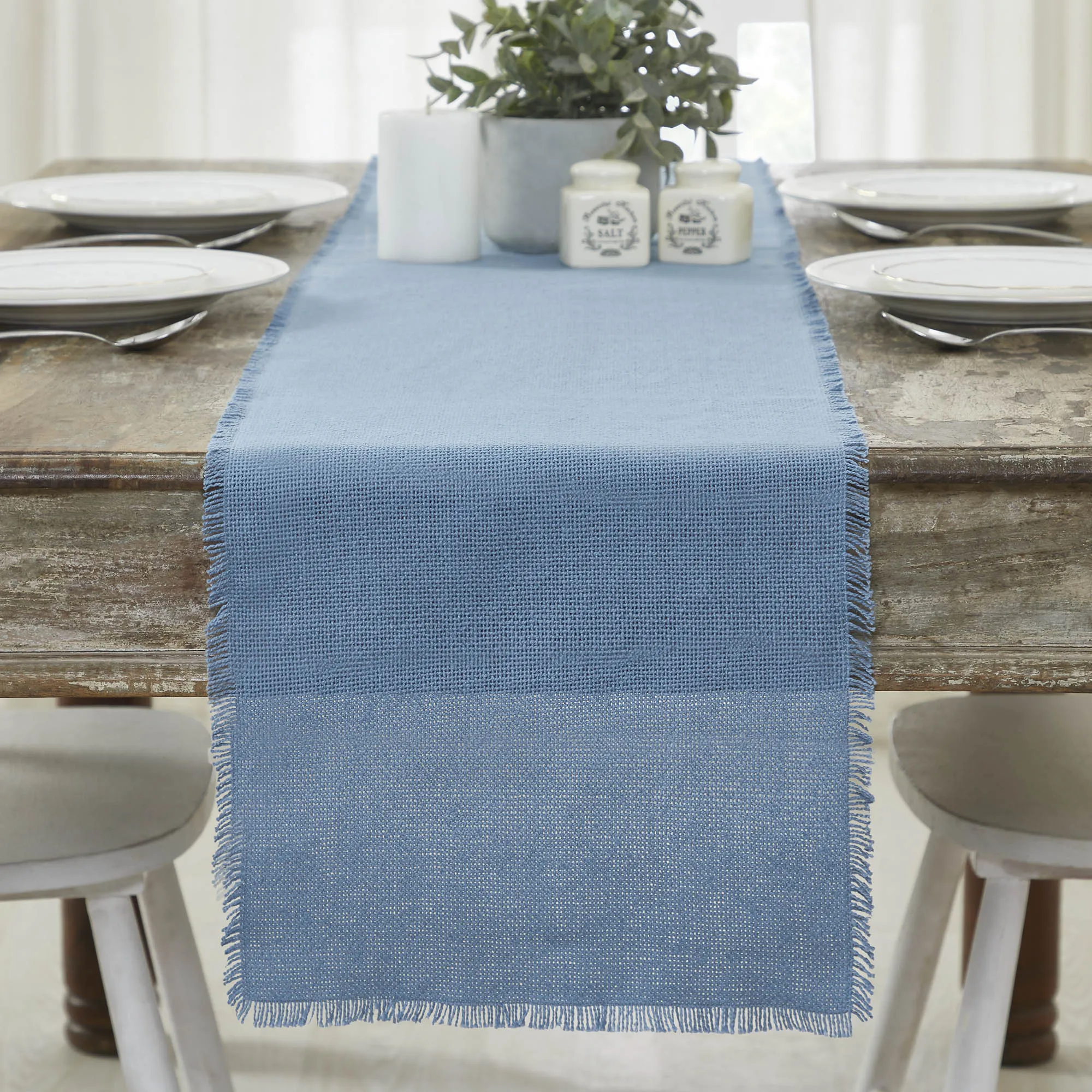 Burlap Blue Table Runner Fringed 12"x72" VHC Brands