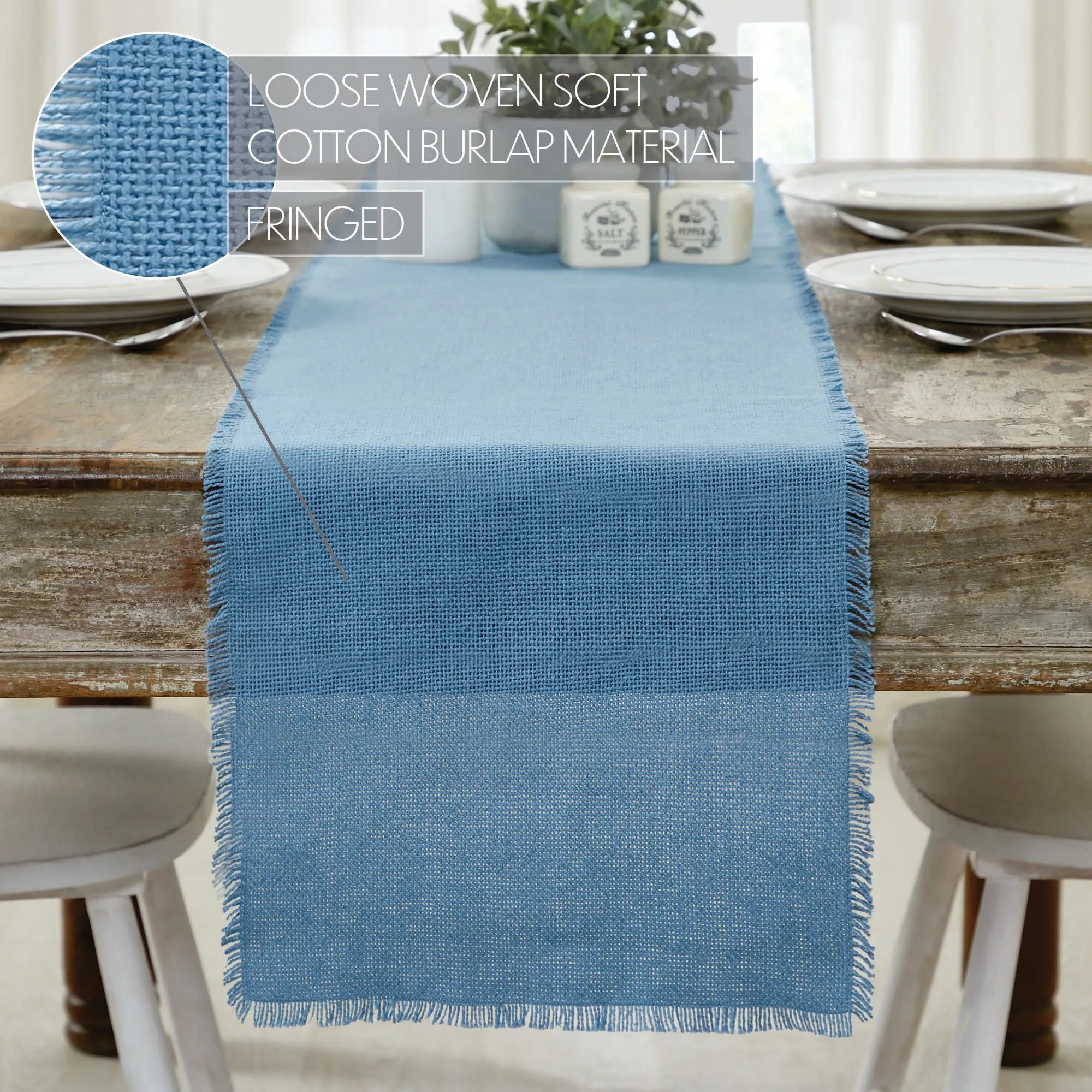 Burlap Blue Table Runner Fringed 12"x72" VHC Brands