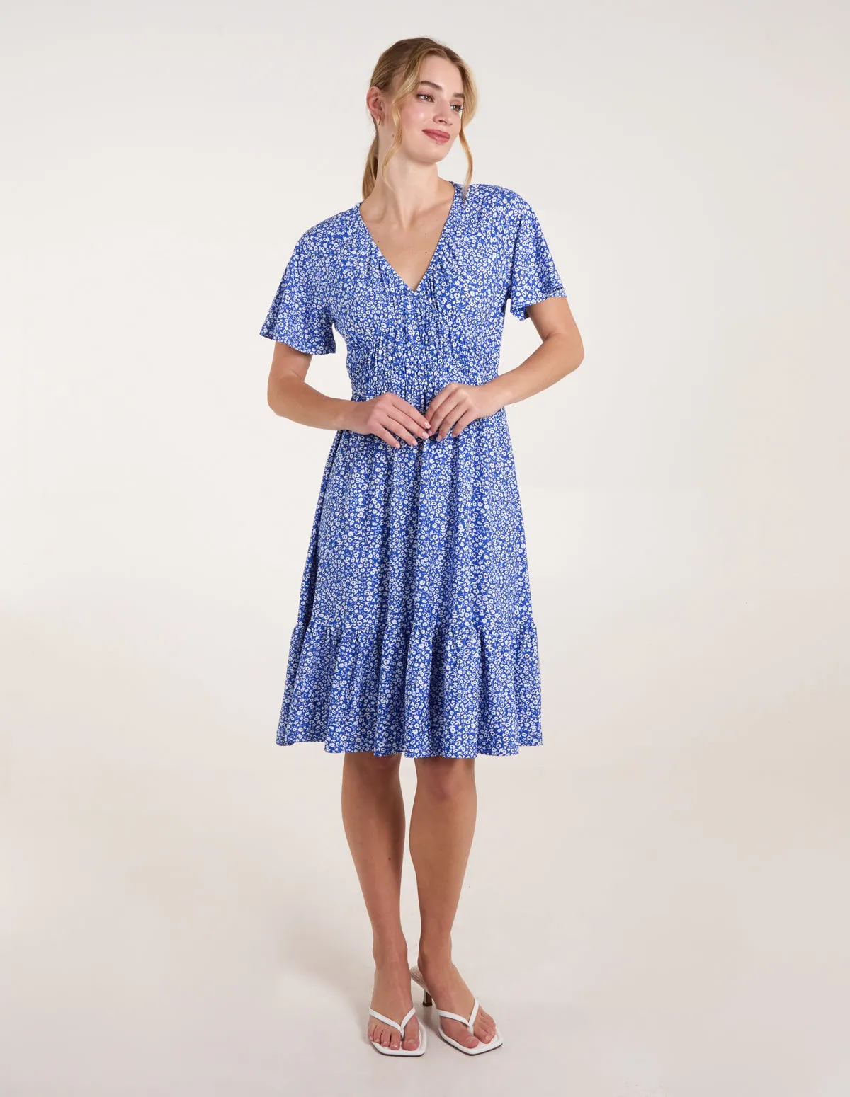 Ditsy Printed Angel Sleeve Elasticated V Neck Dress