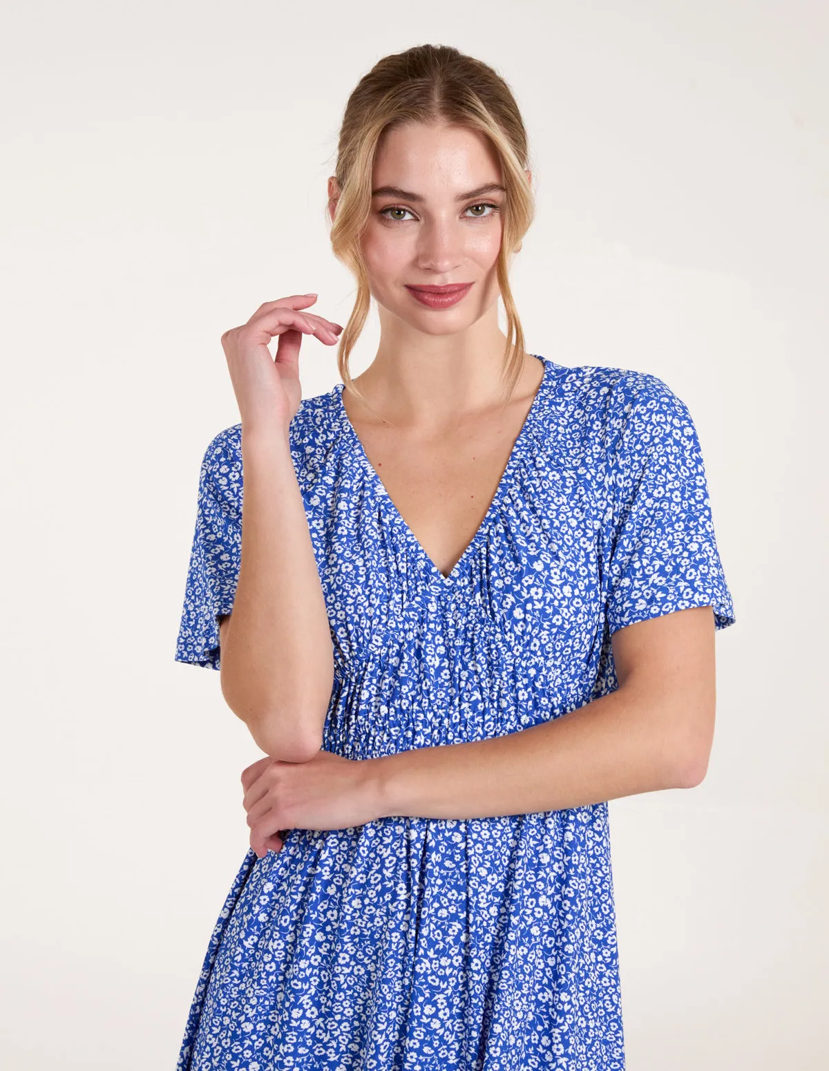Ditsy Printed Angel Sleeve Elasticated V Neck Dress