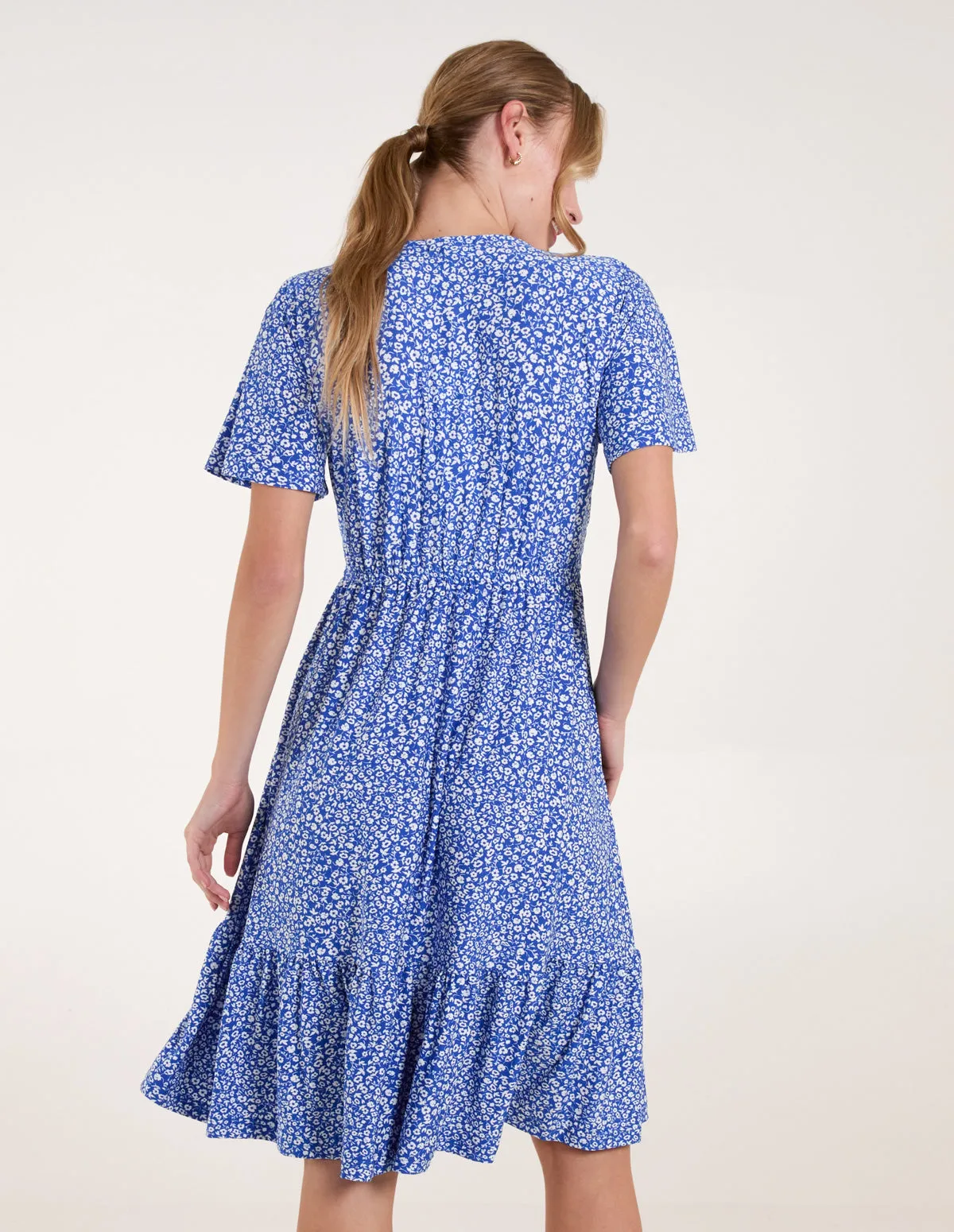 Ditsy Printed Angel Sleeve Elasticated V Neck Dress