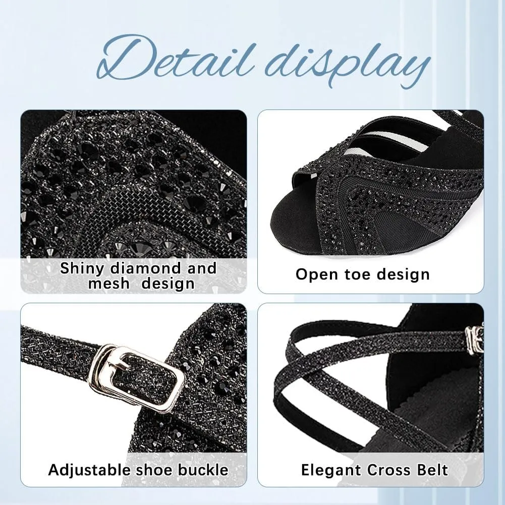 DKZSYIM Women Rhinestone Latin Ballroom Dance Shoes Bachata Salsa Practice Performance Dance Shoes,Model QJW1025