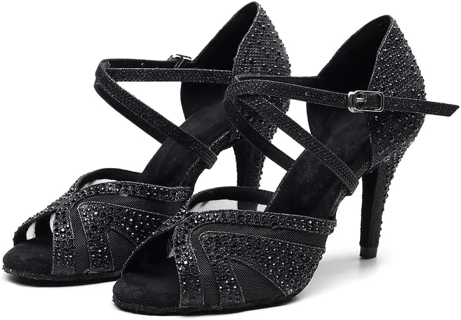 DKZSYIM Women Rhinestone Latin Ballroom Dance Shoes Bachata Salsa Practice Performance Dance Shoes,Model QJW1025