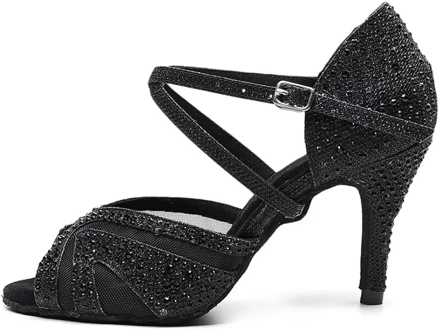 DKZSYIM Women Rhinestone Latin Ballroom Dance Shoes Bachata Salsa Practice Performance Dance Shoes,Model QJW1025