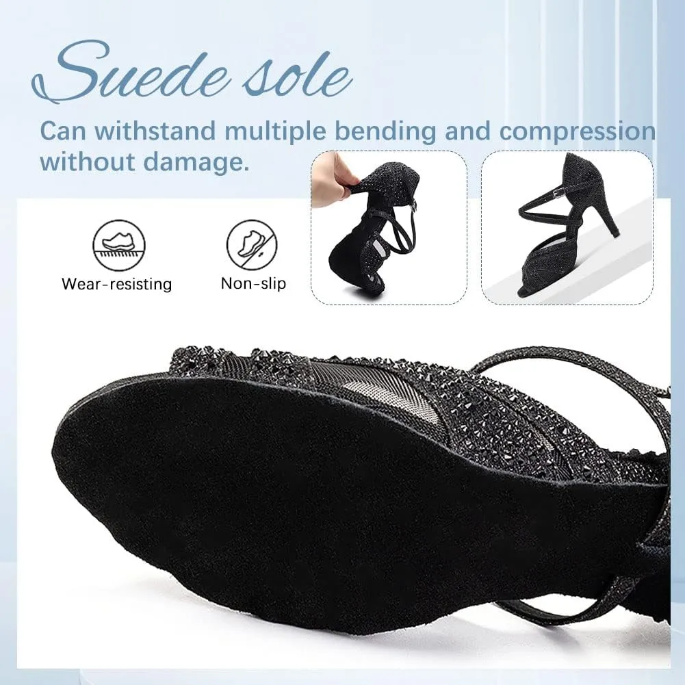 DKZSYIM Women Rhinestone Latin Ballroom Dance Shoes Bachata Salsa Practice Performance Dance Shoes,Model QJW1025