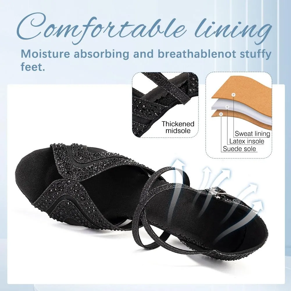 DKZSYIM Women Rhinestone Latin Ballroom Dance Shoes Bachata Salsa Practice Performance Dance Shoes,Model QJW1025