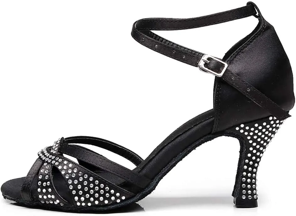 DKZSYIM Women Rhinestone Latin Ballroom Dance Shoes Bachata Salsa Practice Performance Dance Shoes,Model QJW7132