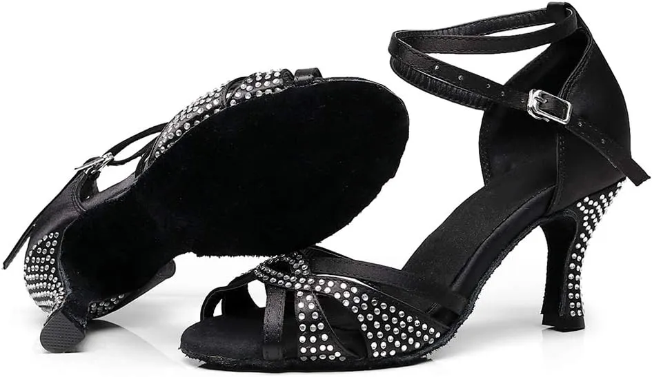 DKZSYIM Women Rhinestone Latin Ballroom Dance Shoes Bachata Salsa Practice Performance Dance Shoes,Model QJW7132
