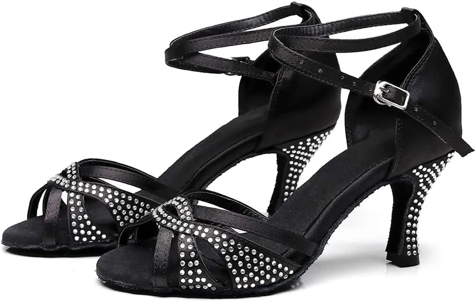 DKZSYIM Women Rhinestone Latin Ballroom Dance Shoes Bachata Salsa Practice Performance Dance Shoes,Model QJW7132
