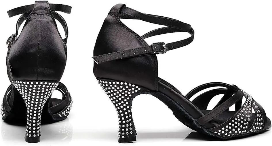 DKZSYIM Women Rhinestone Latin Ballroom Dance Shoes Bachata Salsa Practice Performance Dance Shoes,Model QJW7132