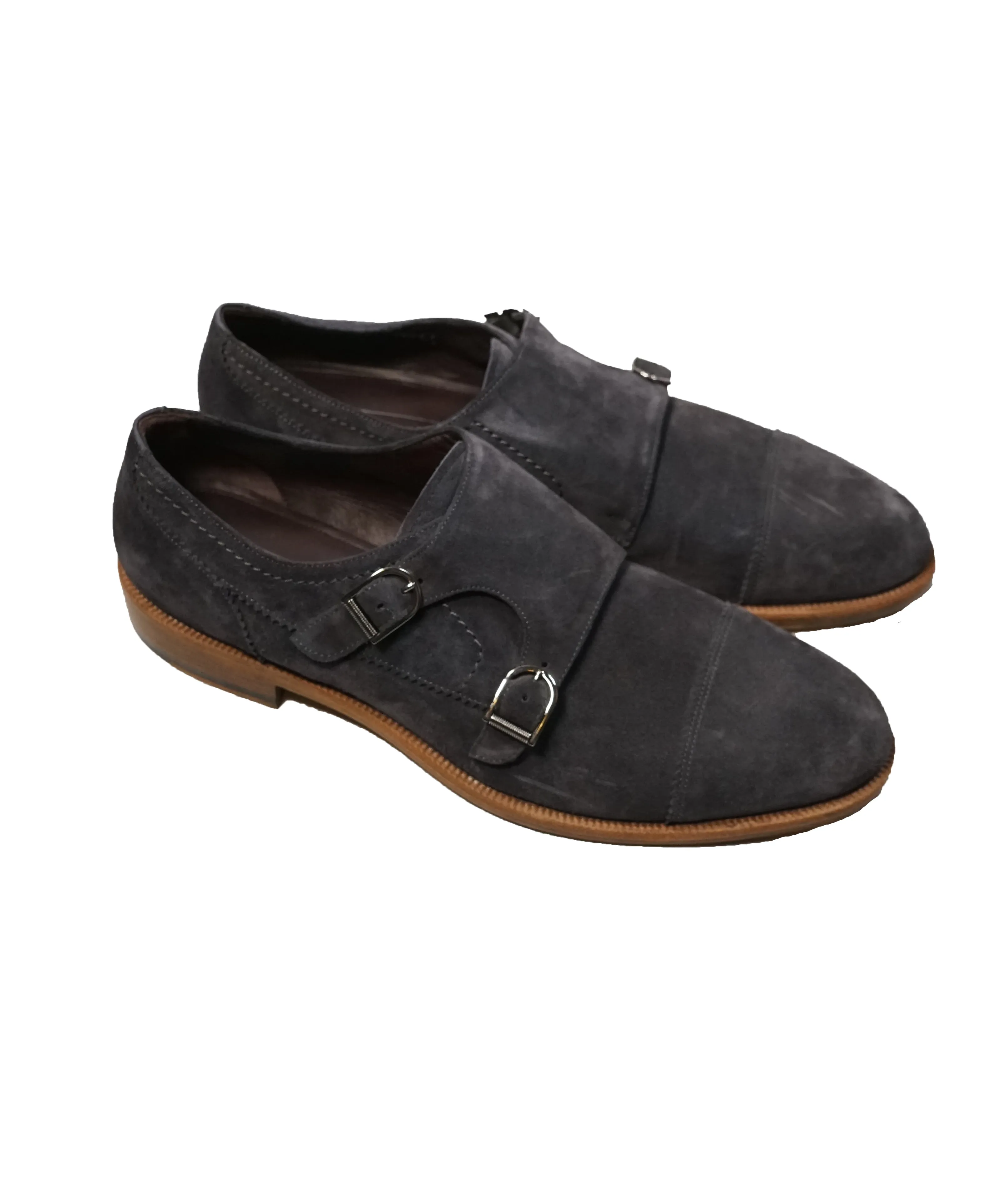ERMENEGILDO ZEGNA - Powder Blue Suede Double Monk Strap Loafers - 12US