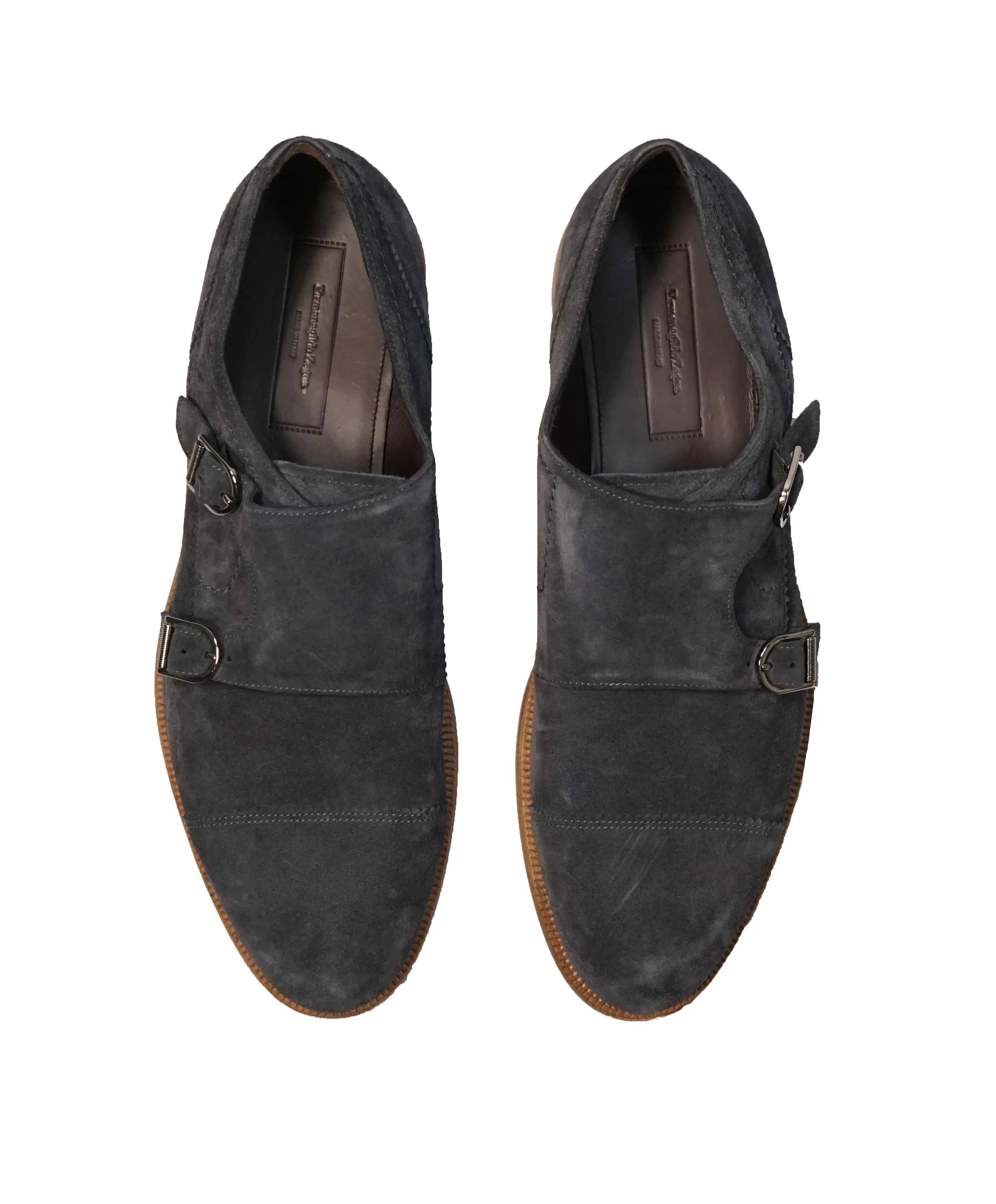 ERMENEGILDO ZEGNA - Powder Blue Suede Double Monk Strap Loafers - 12US