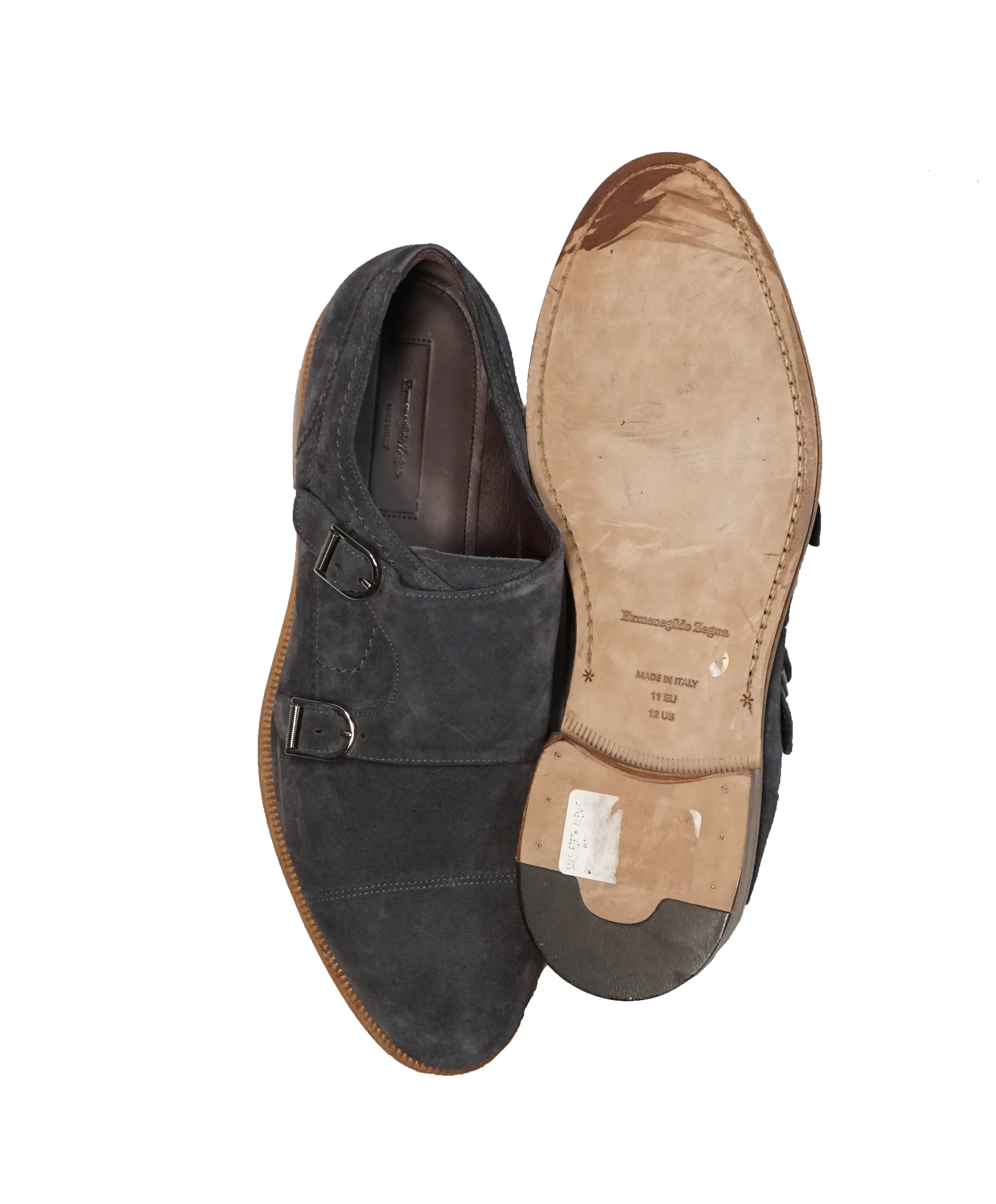 ERMENEGILDO ZEGNA - Powder Blue Suede Double Monk Strap Loafers - 12US