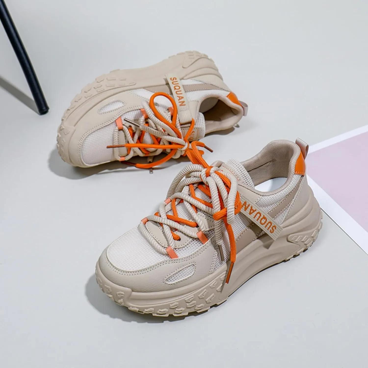 Fashion Breathable Mesh Lace Up Chunky Platform Sneakers for Womens Lightweight Soft Non-Slip Round Toe Walking Casual Workout Shoes