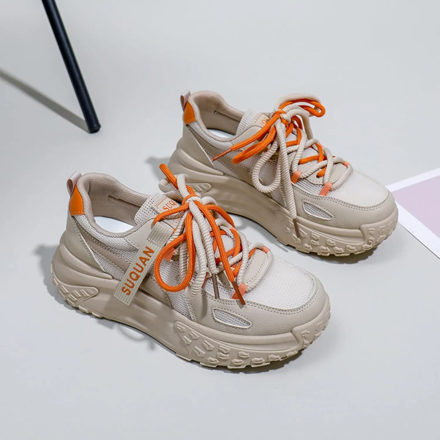 Fashion Breathable Mesh Lace Up Chunky Platform Sneakers for Womens Lightweight Soft Non-Slip Round Toe Walking Casual Workout Shoes