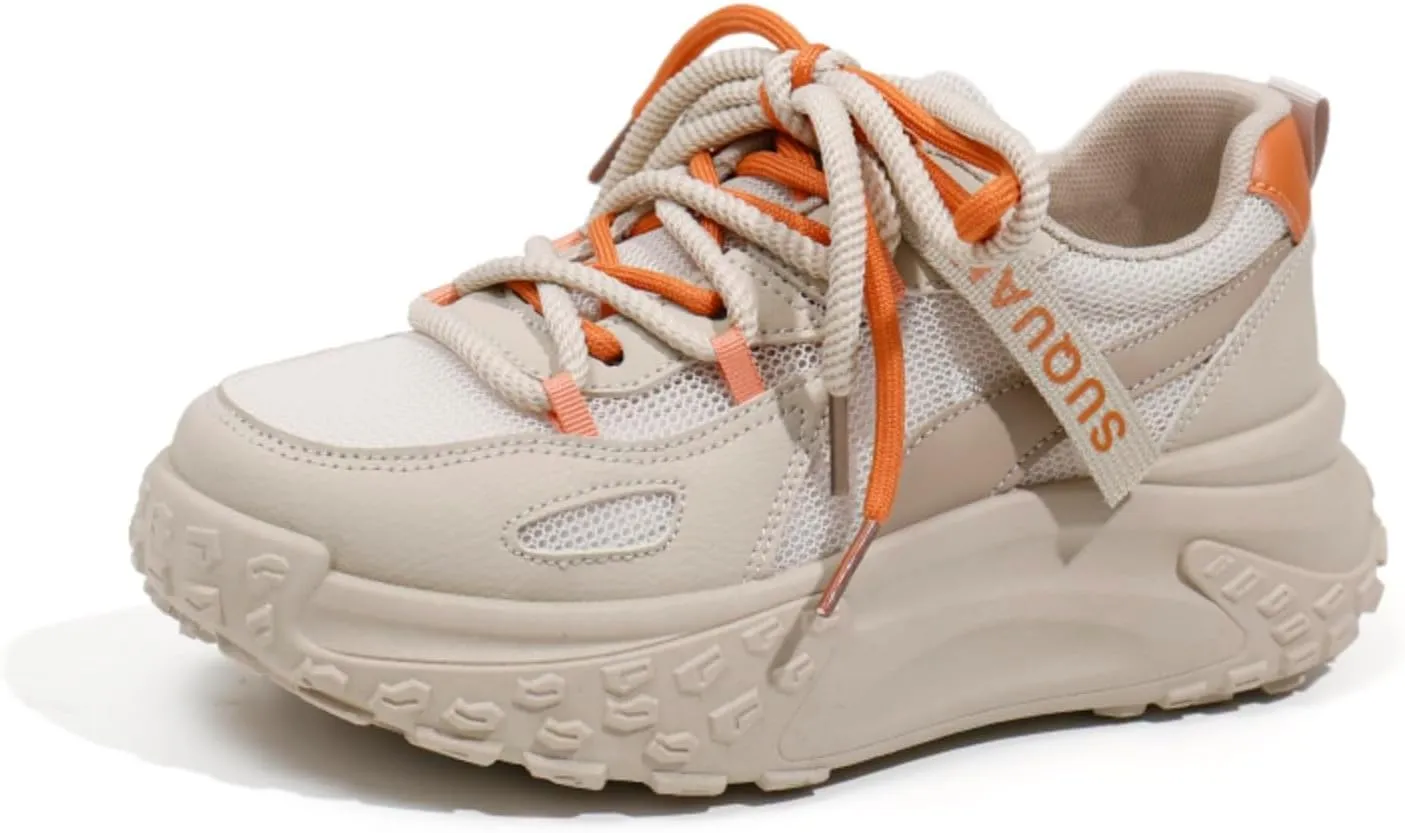 Fashion Breathable Mesh Lace Up Chunky Platform Sneakers for Womens Lightweight Soft Non-Slip Round Toe Walking Casual Workout Shoes