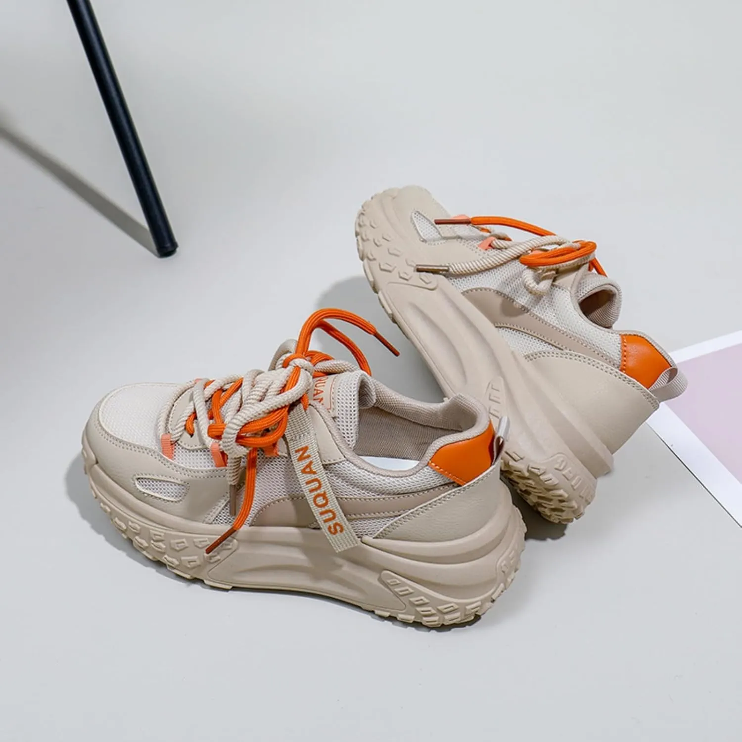 Fashion Breathable Mesh Lace Up Chunky Platform Sneakers for Womens Lightweight Soft Non-Slip Round Toe Walking Casual Workout Shoes