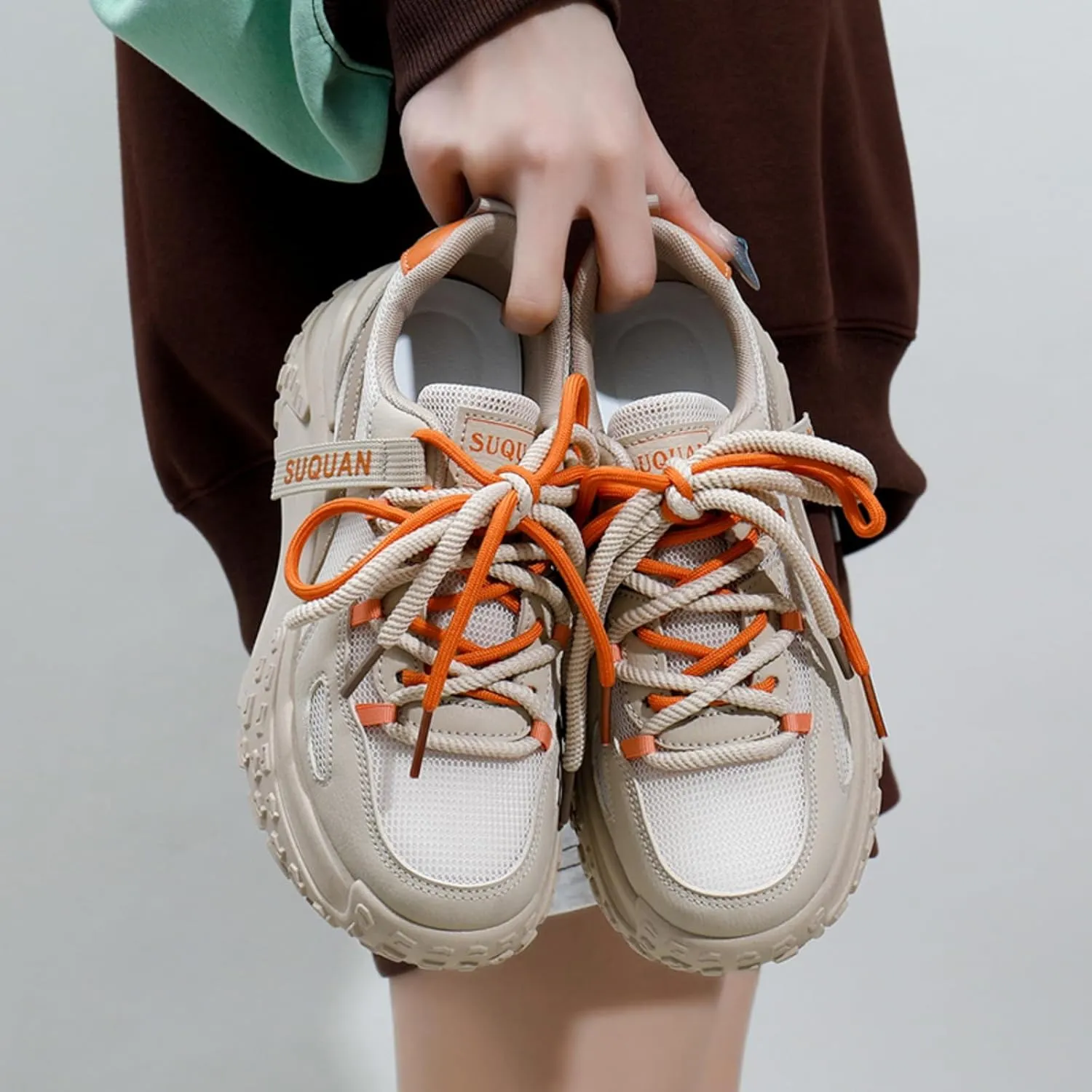 Fashion Breathable Mesh Lace Up Chunky Platform Sneakers for Womens Lightweight Soft Non-Slip Round Toe Walking Casual Workout Shoes