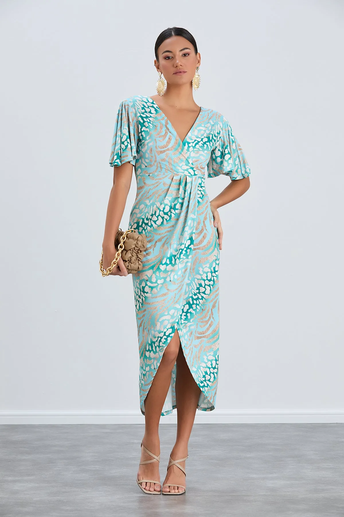 Flirty Flutter Sleeve Wrap Midi Dress in Mint Animal Print