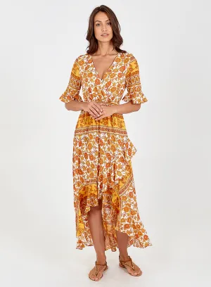 Floral Wrap Front Ruffle High Low Dress