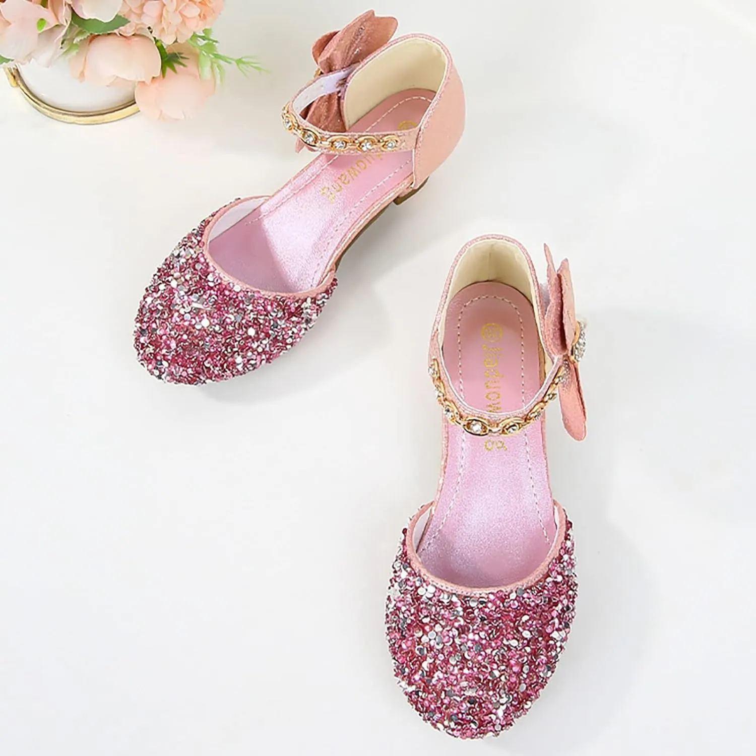 Girls Low Heeled Shoe Dress Shoes Rhinestone Bows Low Heel Princess Flower Wedding Party Shoes for Summer Kids