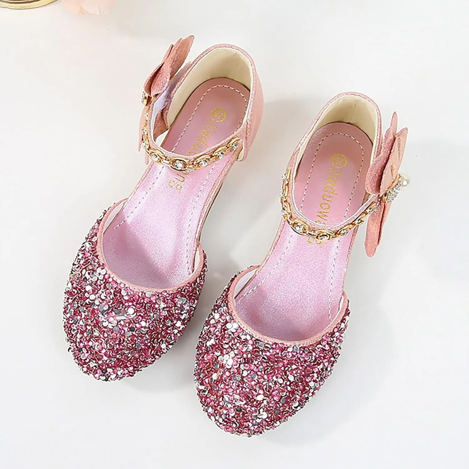 Girls Low Heeled Shoe Dress Shoes Rhinestone Bows Low Heel Princess Flower Wedding Party Shoes for Summer Kids