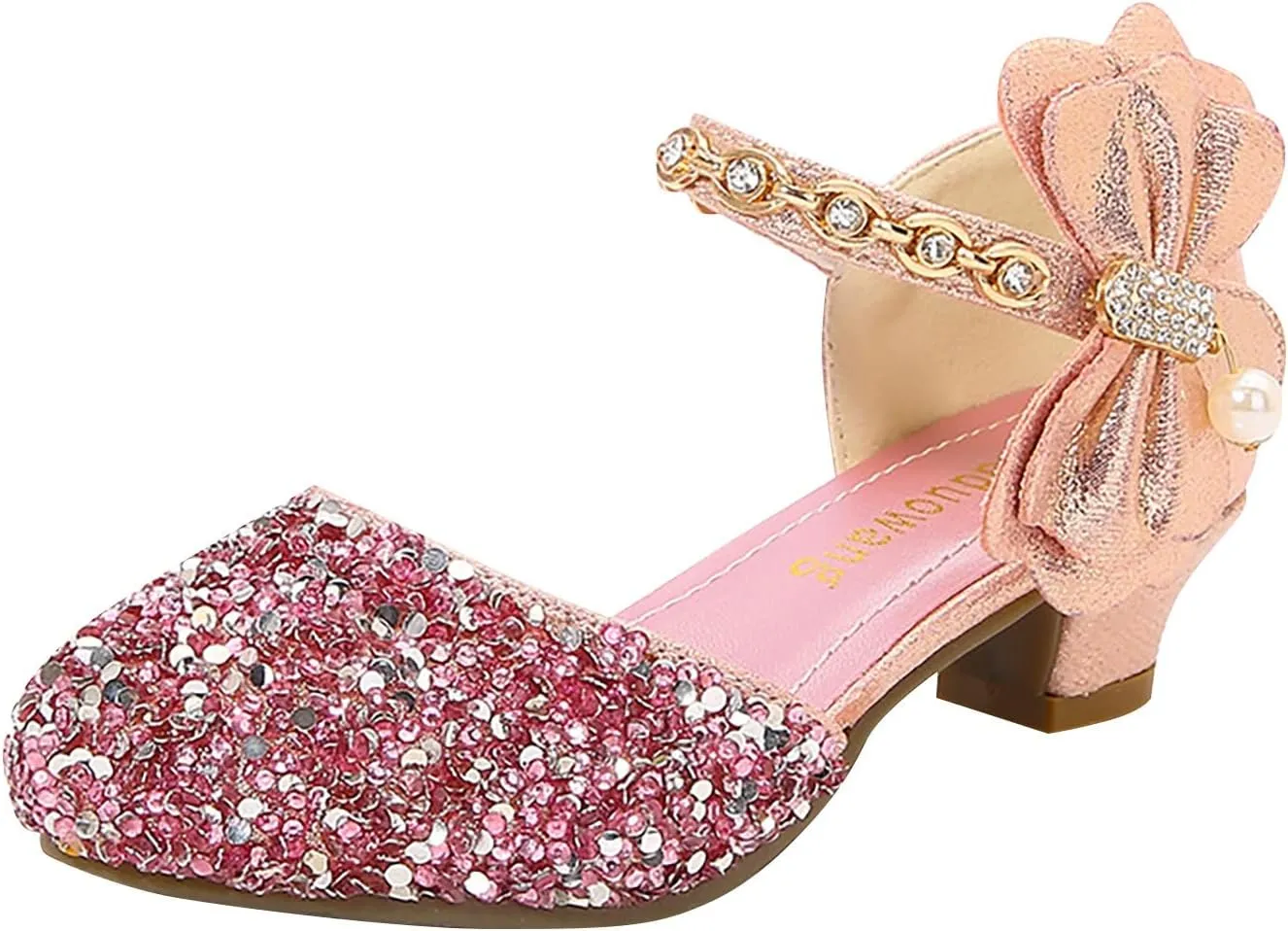 Girls Low Heeled Shoe Dress Shoes Rhinestone Bows Low Heel Princess Flower Wedding Party Shoes for Summer Kids