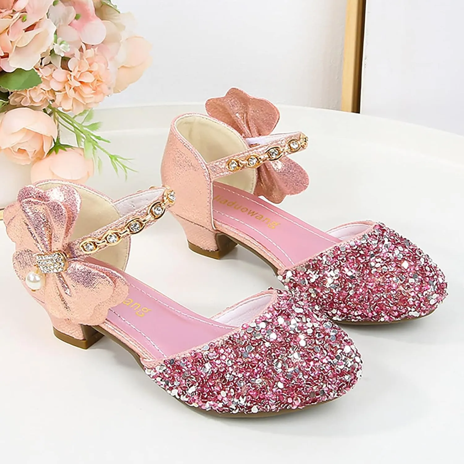 Girls Low Heeled Shoe Dress Shoes Rhinestone Bows Low Heel Princess Flower Wedding Party Shoes for Summer Kids