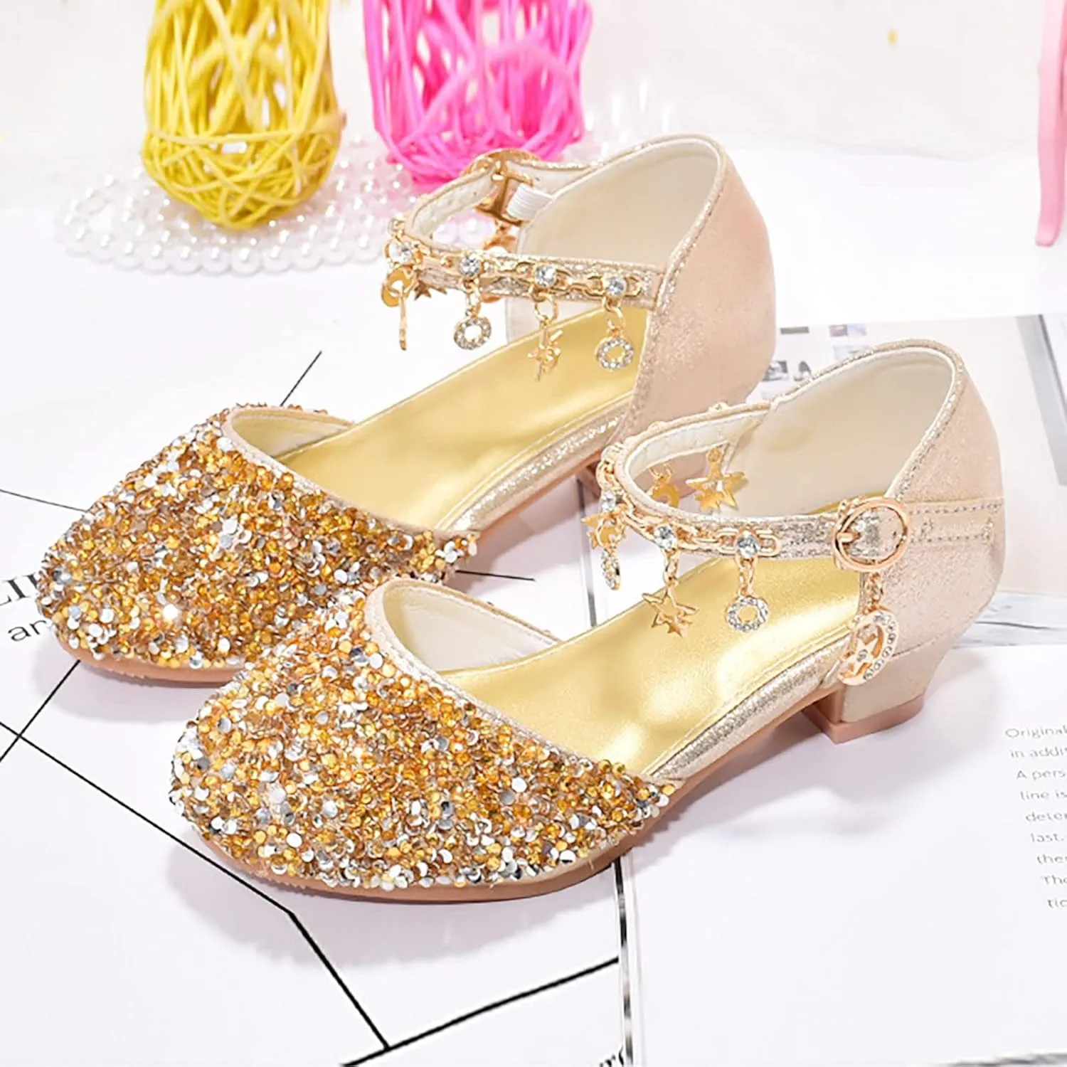 Girls Sandals Girls Low Heeled Dress Shoes Rhinestone Bows Low Heel Princess Flower Wedding Party Girls Slipper