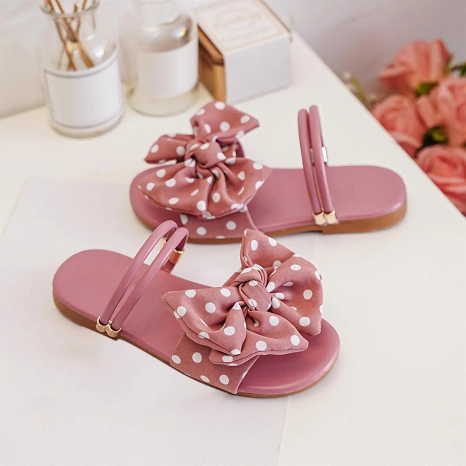 Girls Sandals Satin Bow Double Buckle Slip On Slide Sandals Toddler Baby Girls Summer Slippers Shoes for Beach Travel