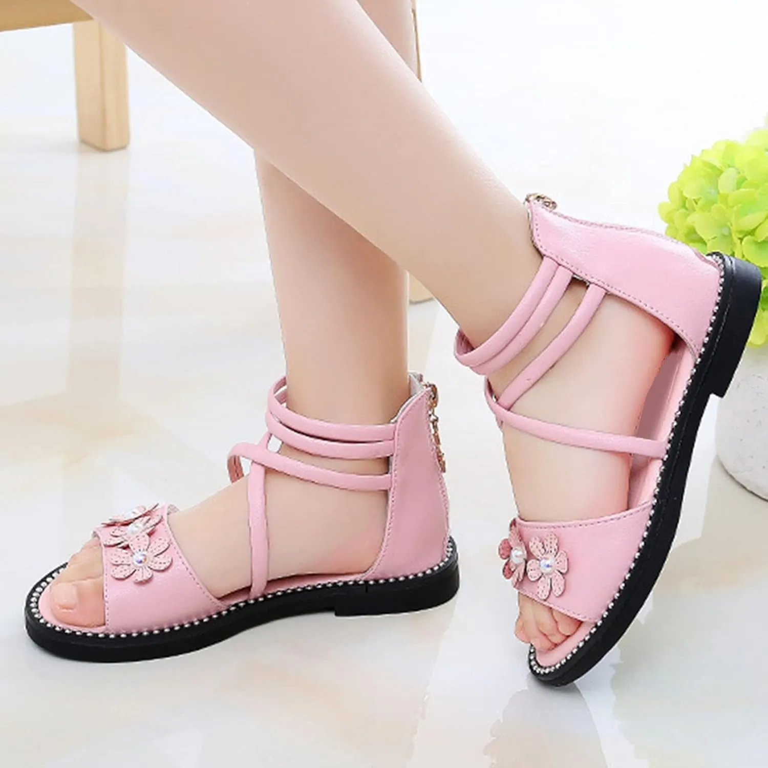 Girls Sandals Summer Open Toe Flower Flat Shoes Hig Zipper Dress Sandals for Toddler Little Kid Big Kid