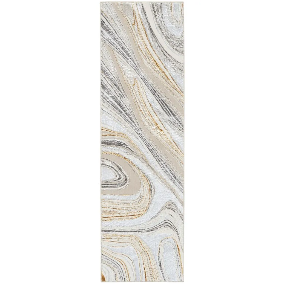 Glitz GLZ21 Modern Abstract Marbled Curve Distressed Metallic Shimmer Hi-Low Textured Soft-Touch Short-Pile Polyester Grey/Gold Runner