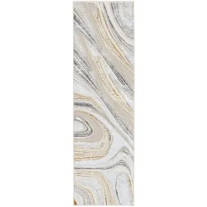 Glitz GLZ21 Modern Abstract Marbled Curve Distressed Metallic Shimmer Hi-Low Textured Soft-Touch Short-Pile Polyester Grey/Gold Runner