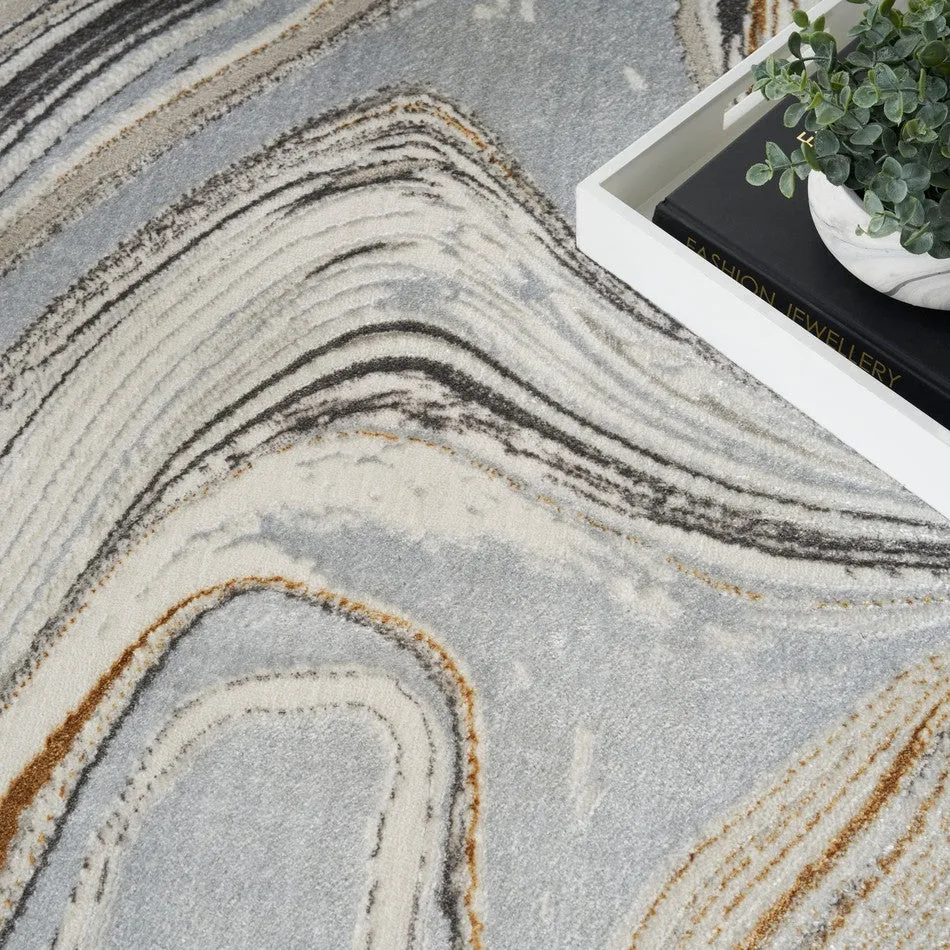 Glitz GLZ21 Modern Abstract Marbled Curve Distressed Metallic Shimmer Hi-Low Textured Soft-Touch Short-Pile Polyester Grey/Gold Runner
