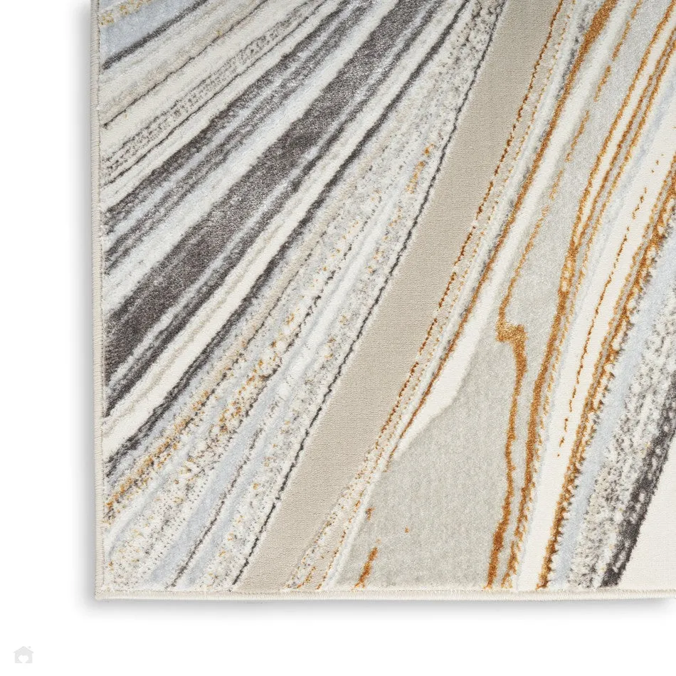 Glitz GLZ21 Modern Abstract Marbled Curve Distressed Metallic Shimmer Hi-Low Textured Soft-Touch Short-Pile Polyester Grey/Gold Runner